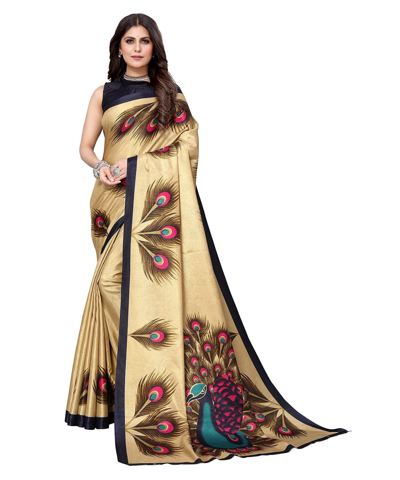 Yashika Women's Plain Printed Art Silk Saree (Golden PEACOCK01