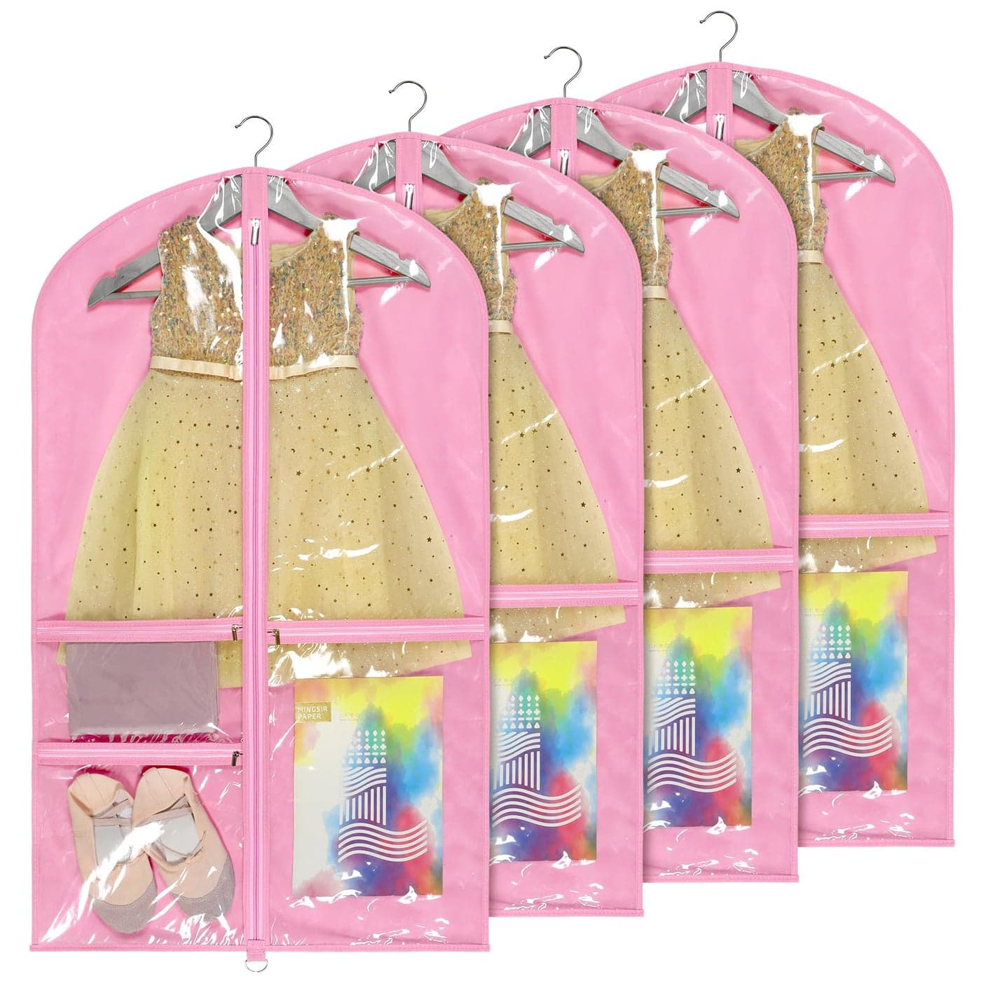 Univivi Dance Costume Bags Garment Bag 40 Inch Hanging Clothes for Dance Competitions with 3 Medium Clear Zipper Pockets for Dance Costumes Closet Storage Pink 4 Pack