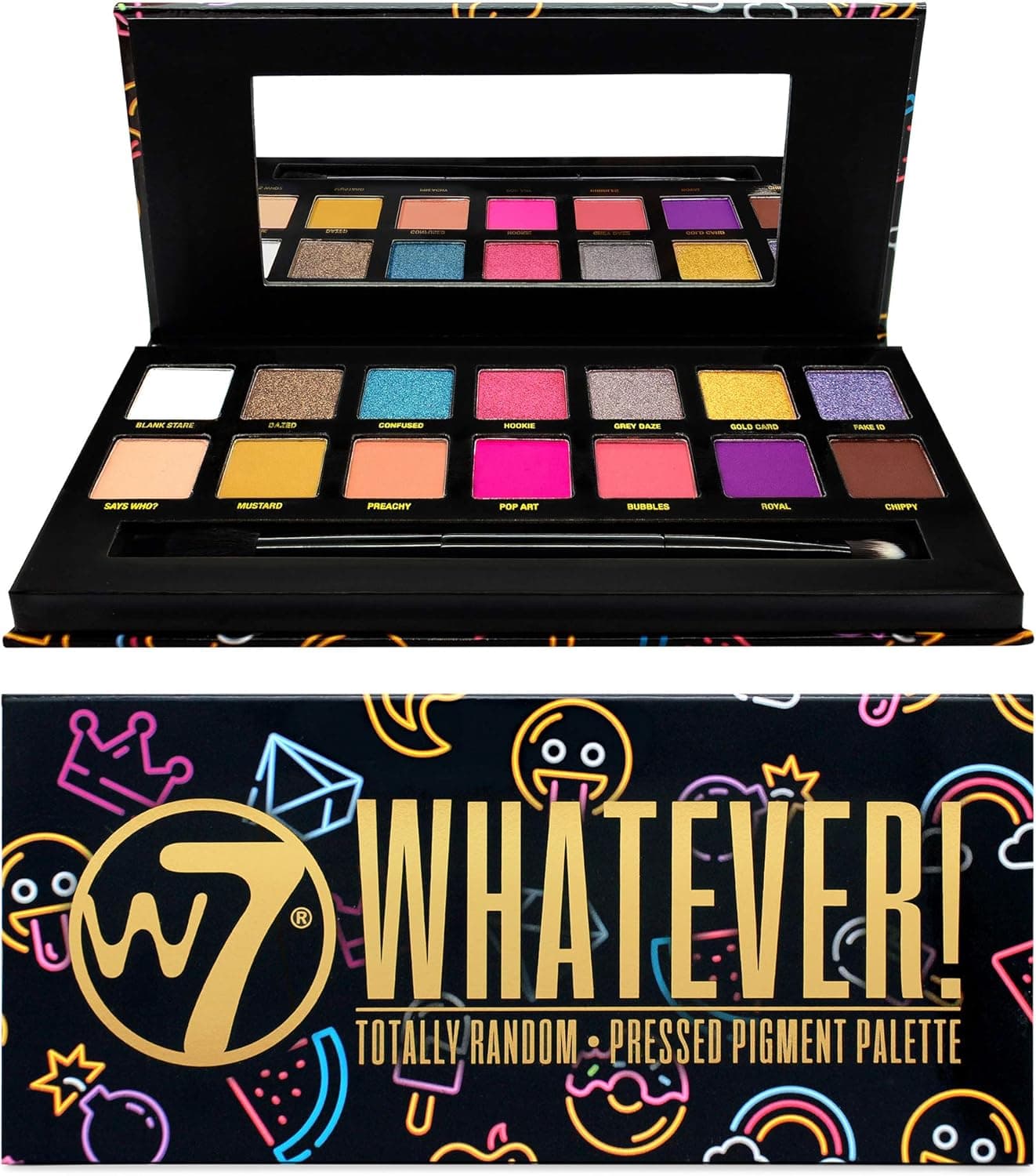 W7 Whatever Pressed Pigment Palette Makeup Tones Cream Matte Shimmer Chromes Colours Bold And Bright Pinks Purples Blues and Oranges Cruelty Free Makeup For Women