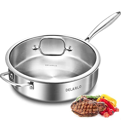 DELARLO Tri-Ply Stainless Steel Frying Pan,12 inch Skillet with Lid,6 Quart Saute Pan,Compatible with All Cooktops,Oven Up to 660℉,Chicken Fryer,Dishwasher-Friendly