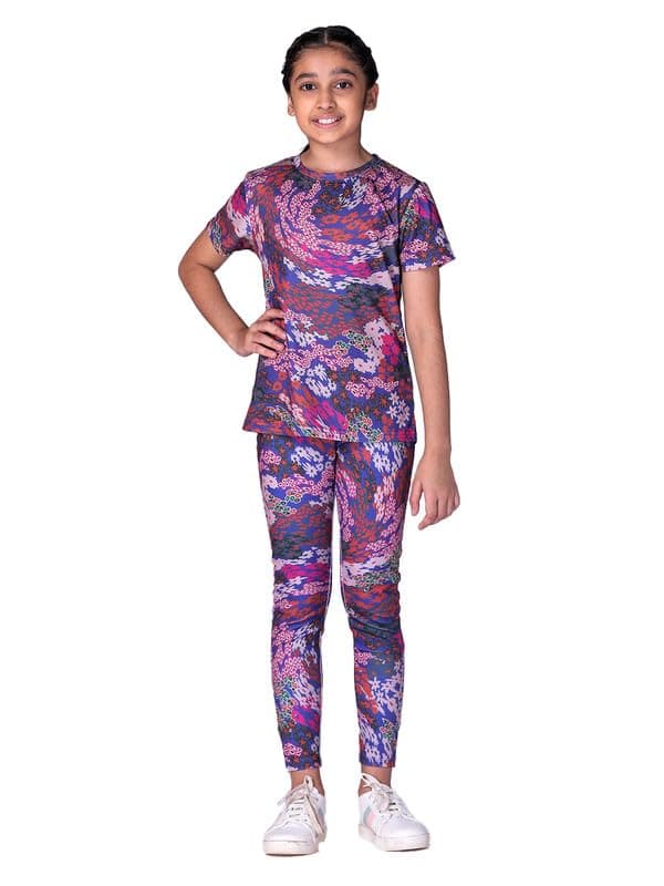 UMILDO Active Wear Girl's AOP Skinny Fit Leggings and Half Sleeves T-shirt Set