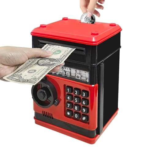 Cargooy Mini ATM Piggy Bank ATM Machine Best Gift for KidsElectronic Code Piggy Bank Money Counter Safe Box Coin Bank for Boys Girls Password Lock Case Black Red
