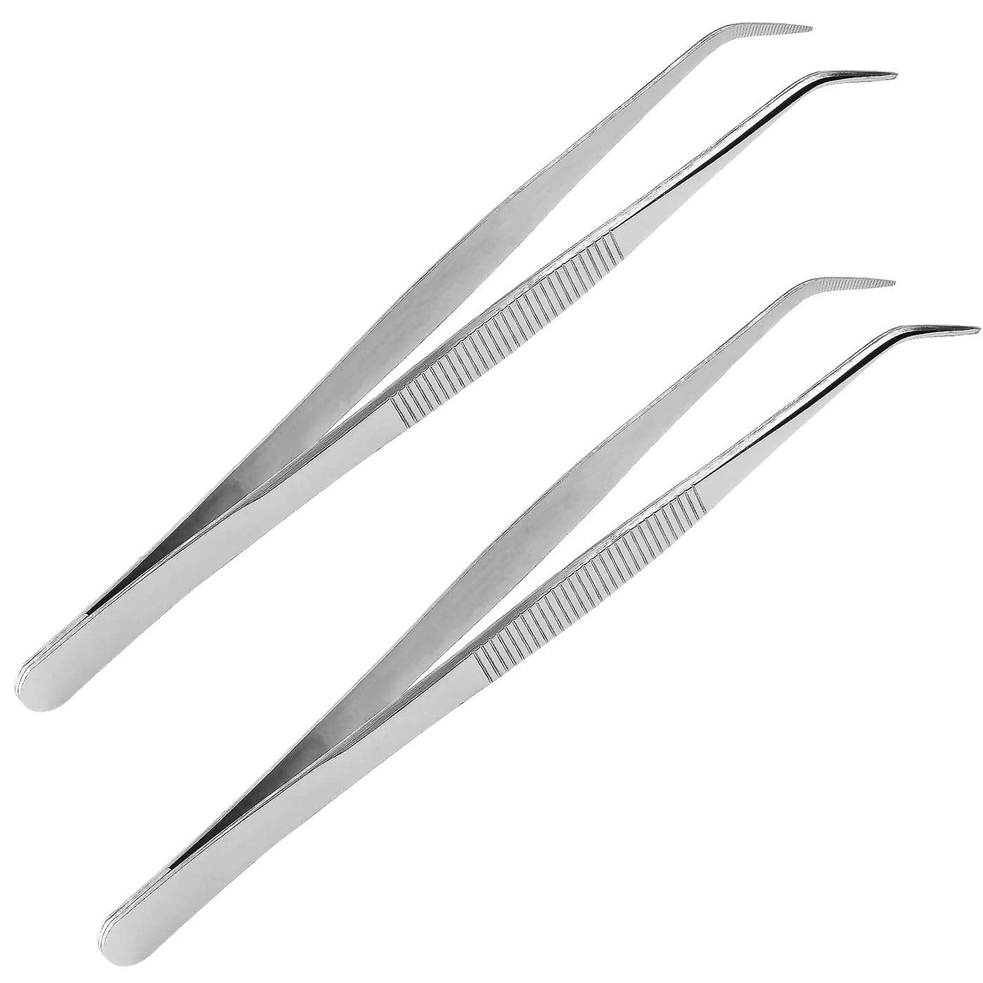 Suiwotin 2PCS 8 Inch Stainless Steel Tweezers with Curved Serrated Tip Heavy Duty Tweezer Tongs for Cooking Crafting Repairing