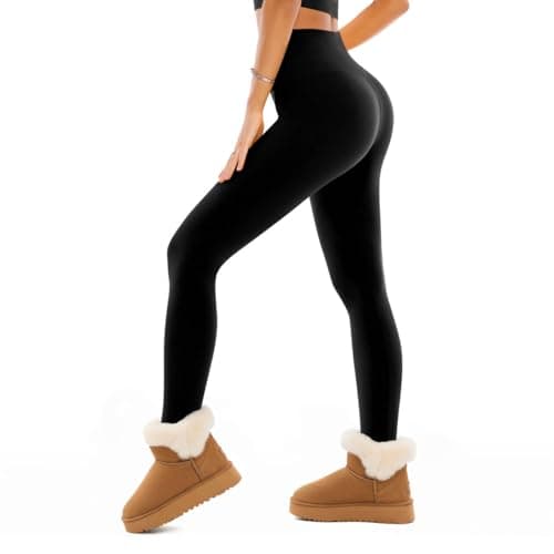 SINOPHANT Fleece Lined Leggings Women, Soft Elastic High Waisted Warm Thermal Winter Thick Yoga Pants, Black, S-M