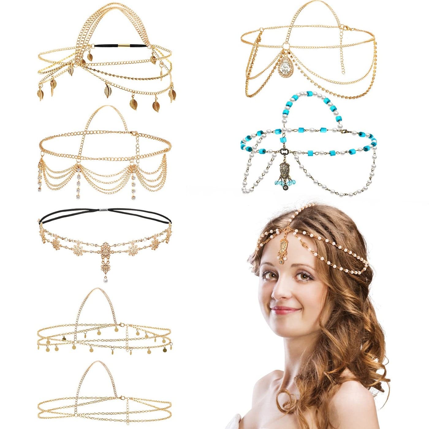 WILLBOND 8 Pieces Gold Head Chain Jewelry Halloween Boho Headband Coins Pearl Tassel Chain Hair Band Festival Prom Wedding Headpiece for WomenElegant Style