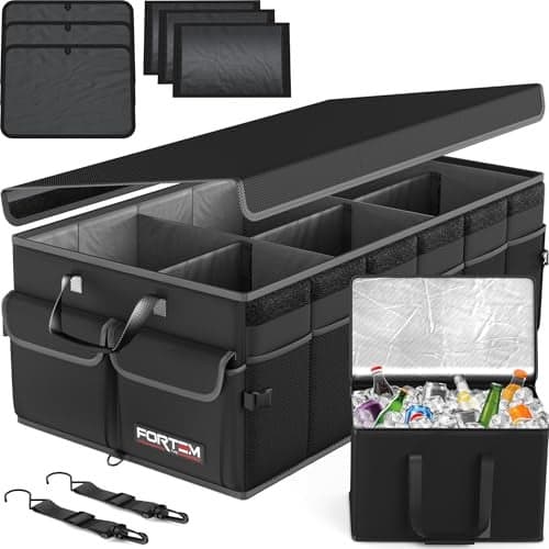 FORTEM Car Trunk Organizer with Cooler, Collapsible Multi Compartment SUV Organizer, Foldable Storage for Car Accessories for Women Men, 600D Oxford, Non Slip Bottom, Securing Straps Soft Cover (105L)