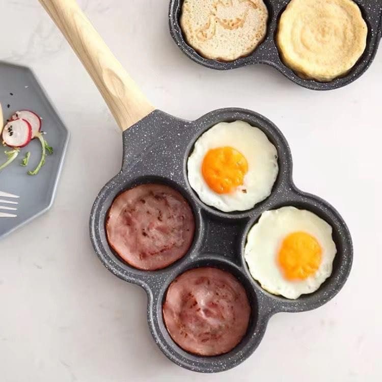 MVM Enterprise Non Stick Frying Pan 4 Hole Ceramic Pan for Cooking Non Stick Egg Frying Pan with Wooden Handle Non Stick Omelette Pan Iron Cooking Pans for Kitchen 1pcs