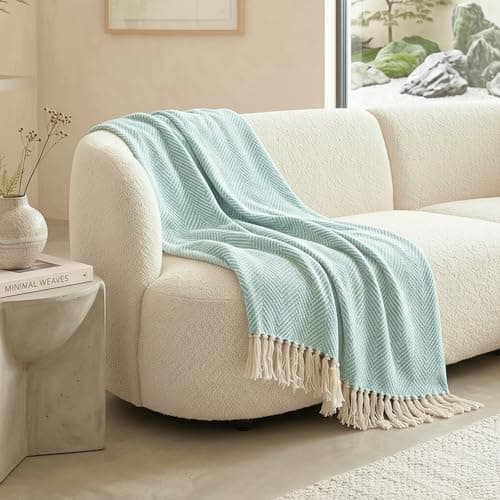 SAJAVAT HOME Hand-Knitted Cotton Sofa Throw | All-Season Throw Blanket for Sofa, Bed, Couch, Chair & Travel | 80×52 Inches (204×132 cm) | Sky Blue with Tassels | Pack of 1