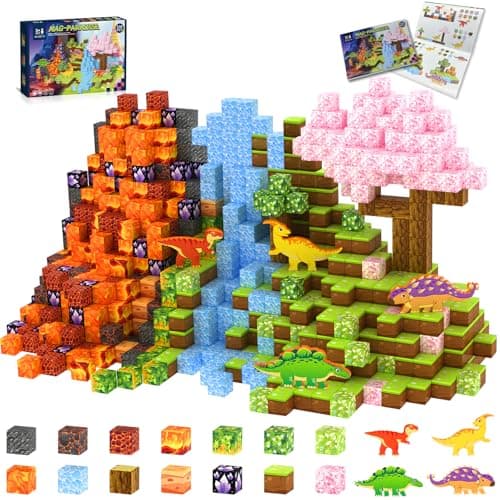 158PCS Magnetic Blocks 1Inch Magnetic Cubes 3D Dinosaur World for Kids STEM Construction Toys Learning Educational Magnetic Building Blocks for Boys Girls Ages 3 12 Christmas Birthdays Gifts