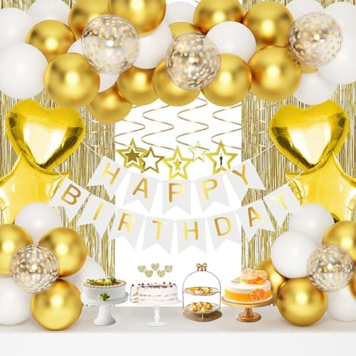 Gold Birthday Decorations White and Gold Balloons Party Decorations Set Golden Happy Birthday Banner Fringe Curtain Party Decorations for Kids Women Men Girls Golden Birthdays Party Supplies