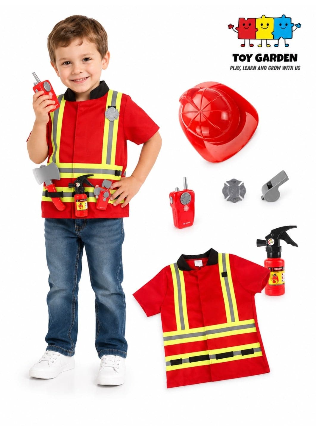 Firefighter Costume Set for Kids | Fireman Role Play Outfit with Jacket, Cap, Toy Fire Axe & Accessories | Preschool Boys and Girls Dress-Up Costume Set for Halloween, School Events, and Pretend Play | Costumes, Reenactment & Theater Toys
