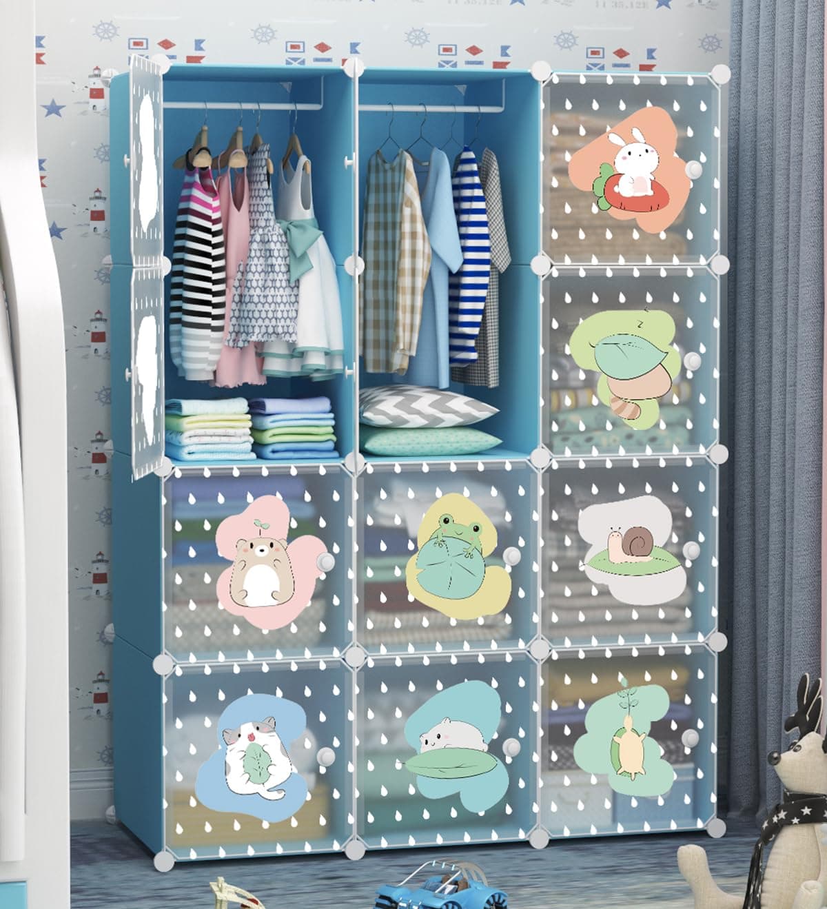 Sunderlook Plastic Wardrobe for Kids Clothes – Collapsible Wardrobe, DIY Foldable Baby Almirah for Clothes, Heavy Duty Freestanding Storage Baby Cupboard for Kids (Blue-KTI2, 12 Door)