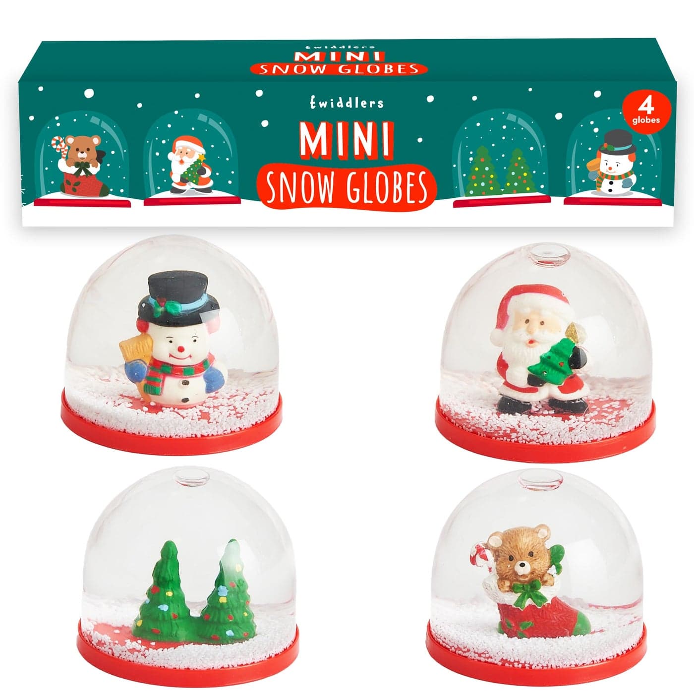 THE TWIDDLERS 4 Mini Christmas Snow Globes in Xmas Designs for Stocking Fillers Party Gift Bags Festive Ornaments and Decorations for Kids Adults 6cm Globes Snowman Santa Trees Teddy