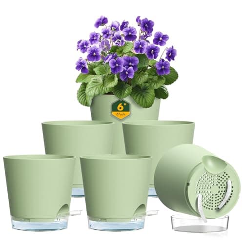 Meowell 6 inch Self Watering Pots for Indoor Outdoor Plants 6 Pack Flower Plant Pots with Drainage Holes and Clear Reservoirs Visible Water Level Plastic Planters with Wicking Rope Green