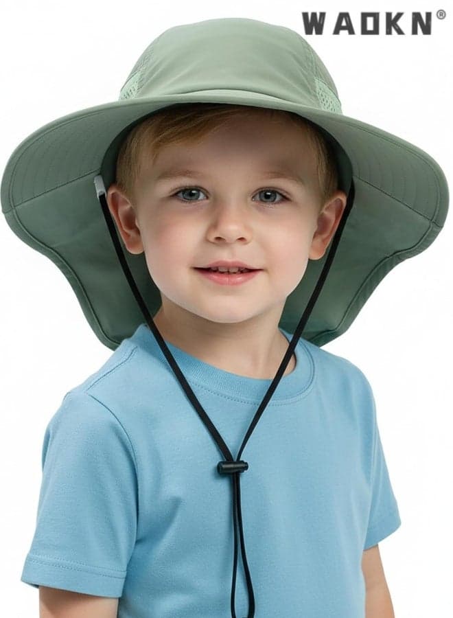 1pcs Baby Sun Hat , Neck Flap Beach Caps, suitable for Boys Girls Toddler Adjustable UPF 50+ Wide Brim UV Protection 1-12 Years Kids , Thin shawl hat with large brim , soft and comfortable , 46-50cm , green.