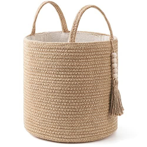 Mkono Woven Storage Basket Decorative Natural Rope Basket Wooden Bead Decoration for Blankets,Toys,Clothes,Shoes,Plant Organizer Bin with Handles Living Room Home Decor (Brown, 28 x 28cm)