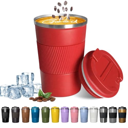 YINBAOGE Insulated Travel Coffee Mug, Spill & Leak Proof, Portable To Go Camping Stainless Steel Coffee Tumbler, Reusable Thermal Coffee Cup with Lid for Hot & Cold Drinks (Red, 12 OZ)