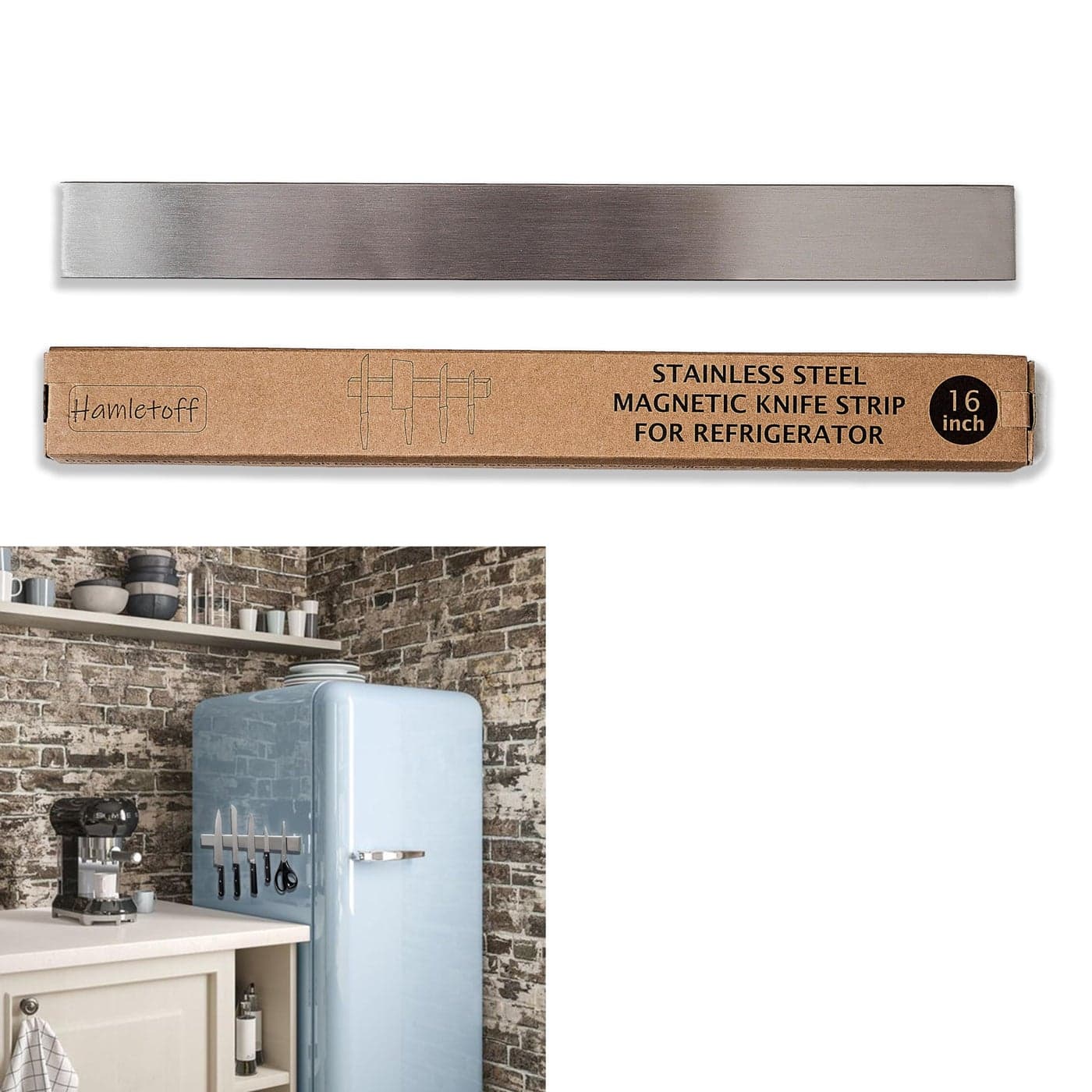 Hamletoff Premium Magnetic Knife Holder for Refrigerator 16 Inch Professional Double Sided Magnetic Knife Strip for Fridge Stainless Steel Magnetic Knife Holder for Wall Self Adhesive
