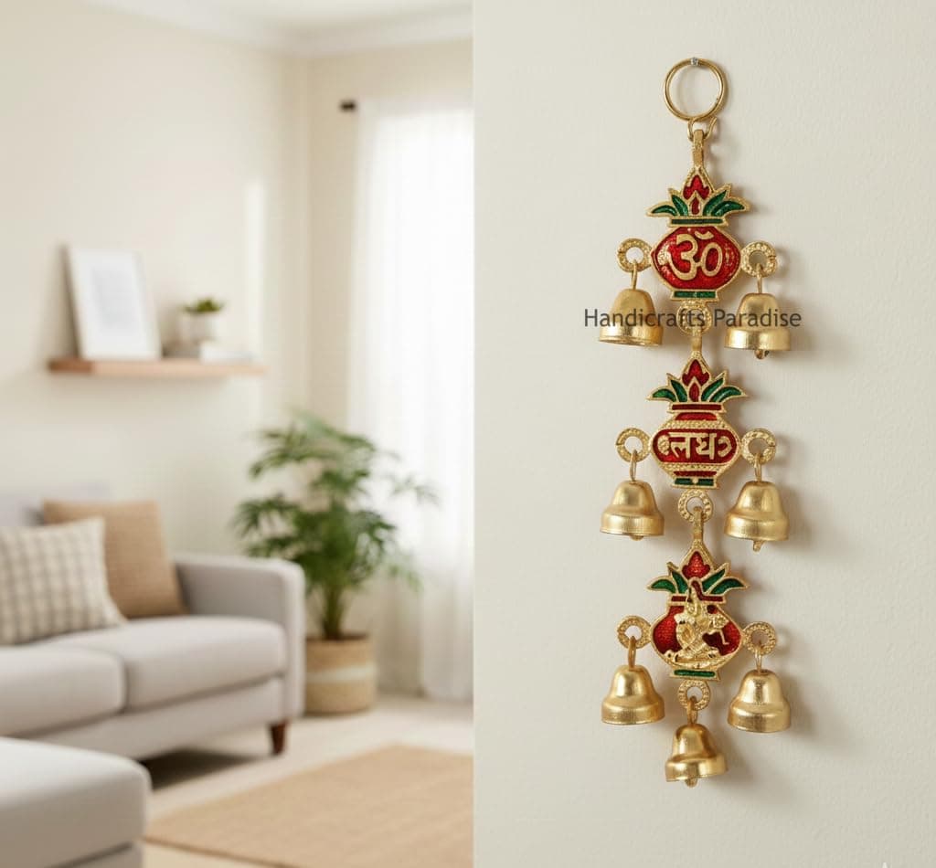 Handicrafts Paradise Kalash Shaped with Bells Aluminium Metal Door Hanging - 14 Inch Height
