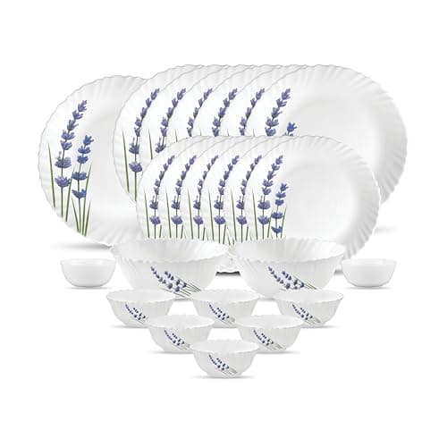 La Opala Novo Collection Opal Glass Crockery | for Family of 6 | Dinner Set 23 pcs English Lavender | Plates & Bowls for Dining | Microwave Safe | 100% Vegetarian | Extra Strong | Light & White