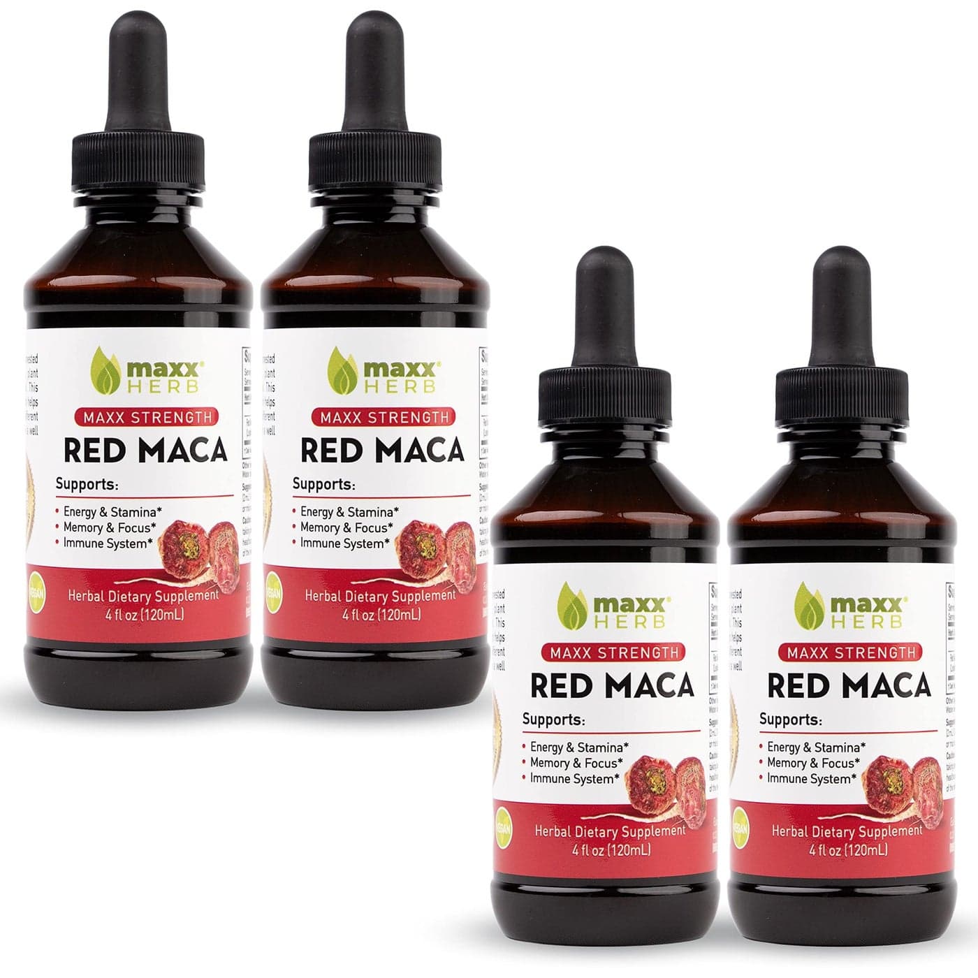 Maxx Herb Red Maca Root Extract Max Strength Liquid Drops Absorb Better Than Powder or Capsules for Stamina Memory and Focus Alcohol Free 4 Bottles 4 Oz Each 240 Servings