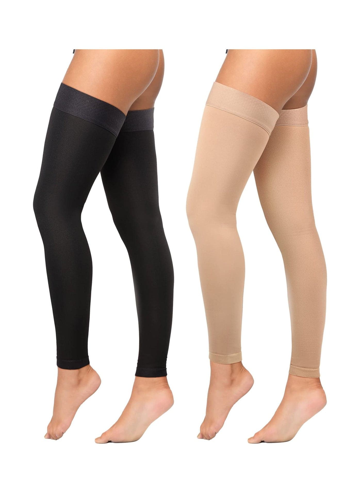2 Pairs Thigh High Compression Stockings, Footless 20-30 mmHg Stockings with Silicone Dot Band for Unisex (Beige, Black, Large)