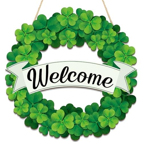 St. Patrick's Day Shamrock Door Wreath for Front Door Sign Wooden Green Shamrock Welcome Hanging Signs Lucky Clover Doors Hanger for Irish Spring Holiday Party Indoor Outdoor Farmhouse Home Wall Decor
