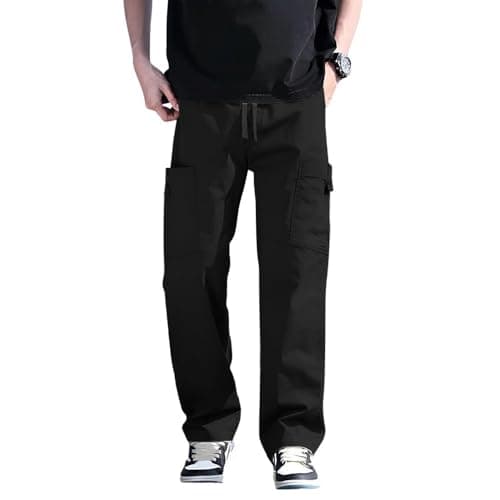 SMOWKLY Men’s Cotton Cargo Pants|Casual Trousers for Men|Comfortable Lower for Men|Pants for Man with 6 Pockets & Drawstring Elastic Waistband|Outdoor Trousers (1685_BK_36) Black