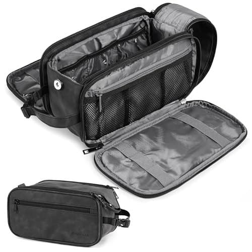 PAVILIA Toiletry Bag for Men Hanging Travel Dopp Kit Organizer PU Leather Water Resistant Bathroom Bag for Shaving Grooming Large Capacity Cosmetic Bag Travel Essentials Black