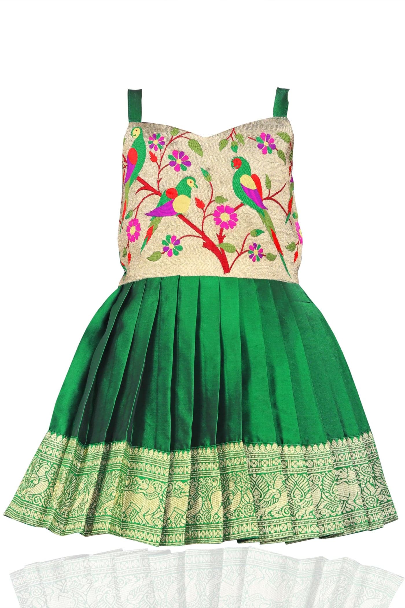 COMRATE South Indian Traditional Pattu Pavadai Tapeta Silk Green Frock Dress for Baby Girls