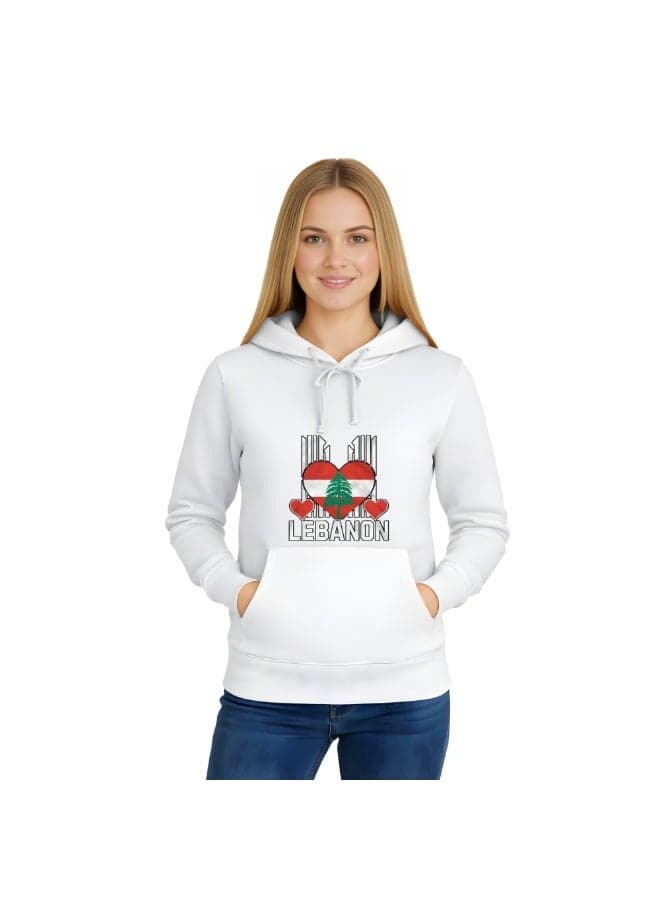 Lebanon Women's Hoodie White Cotton–Flag Heart Print Long Sleeve Sweatshirt–Travel & Casual Wear For Everyday Comfort