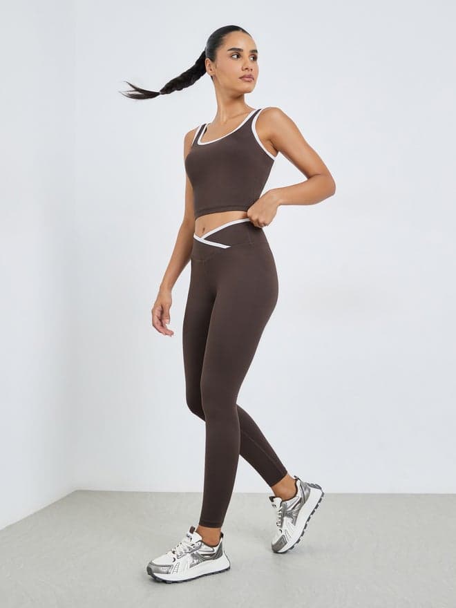 Brown Contrast Edge Detail Longline Sports Bra and Overlap Waist Leggings Set