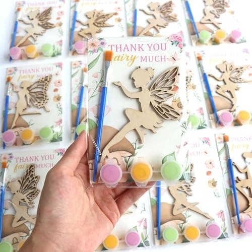 BOIKOKY 12 Pack PrePackaged Fairy Party Favors Wooden Fairy Cutouts with Hanging Hole Painting Kits for Girls Magical DIY Crafts and Enchanted Party Decorations Thank You Gifts for Guests