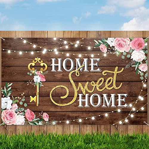 House Warming Party Decoration Home Sweet Home Banner Backdrop Photography Key Shining Lights Background Pink Floral Wooden Floor Wedding Photo Booth Props 70.8x43.3 Inches