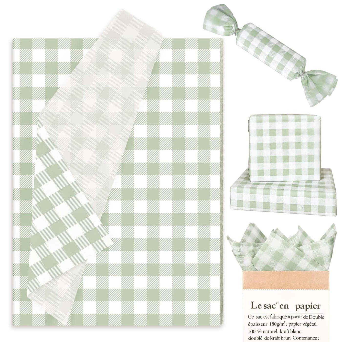 Whaline 100 Sheets Sage Green Buffalo Plaid Tissue Paper Mint Green Checkered Gift Wrapping Tissue DIY Art Craft Tissue Paper for Wedding Birthday Baby Shower Bouquet 137 x 196 Inch
