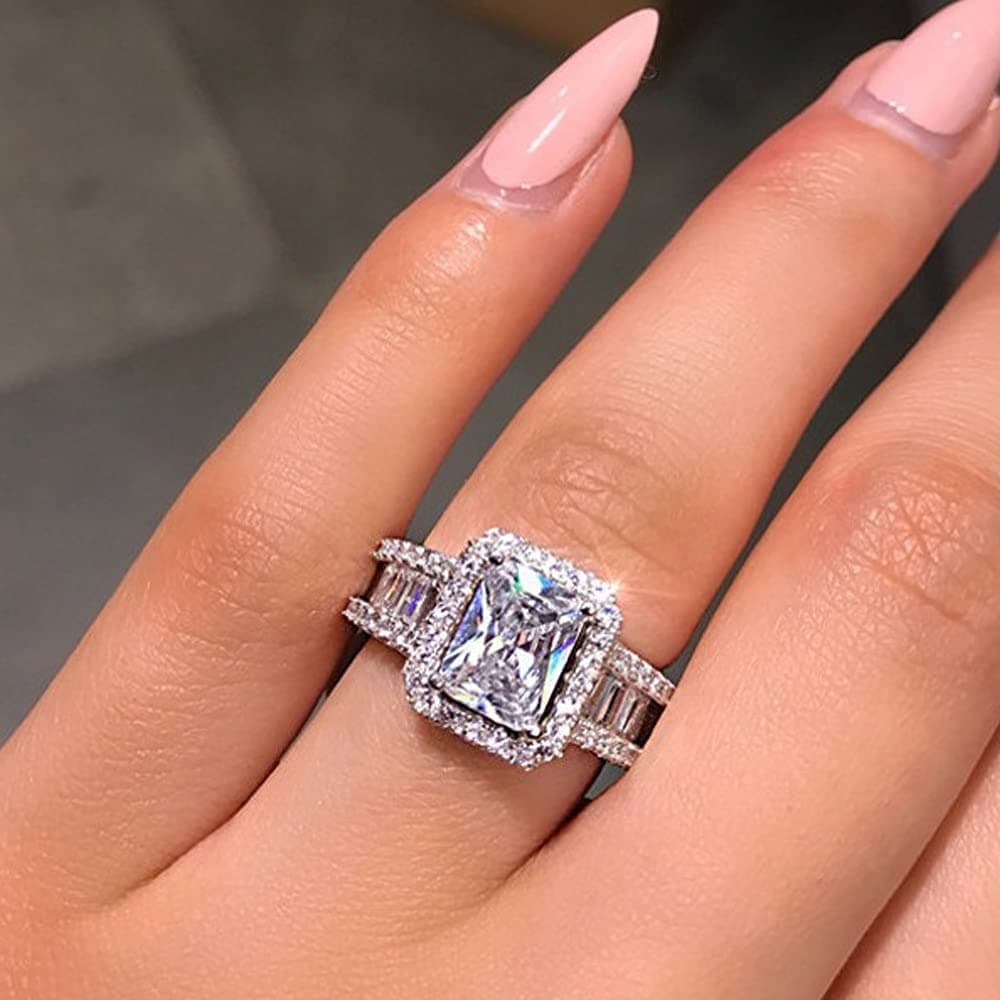 925 Sterling Silver Shiny Full Diamond Pink Gemstone Ring Water Droplets Shape Cubic Zirconia Rings CZ Diamond Ring Eternity Engagement Wedding Band Ring for Women US Code 8