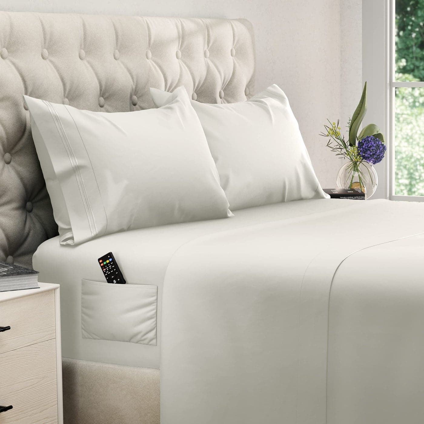 DREAMCARE Full Size Sheets 4 pcs Cooling Sheets up to 21 Deep Full Sheet Set Hotel Luxury Sheets Pillowcases Superior Softness 100 Fine Microfiber with Side Pocket Ivory