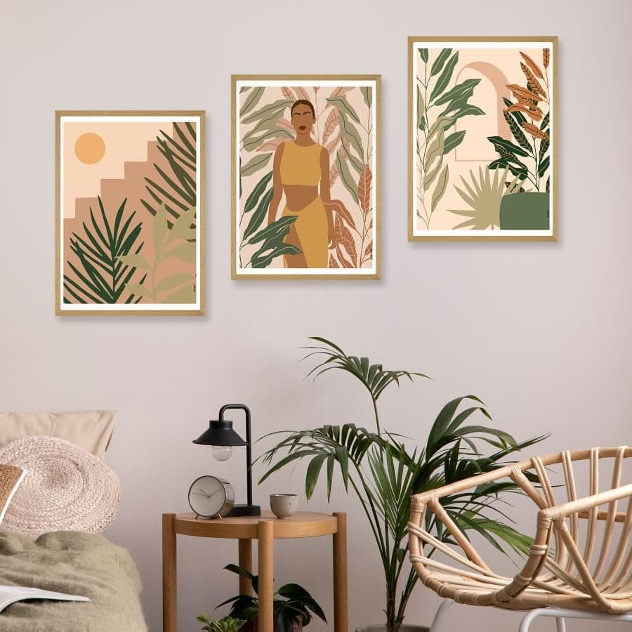SAF paintings BOHO Set of 3 Modern Art Premium Brown frame Bohemian Painting for Wall Decoration Digital Reprint 13.5 inch x 10.5 inch Bohemian Painting (With Frame, Pack of 3) B153K3