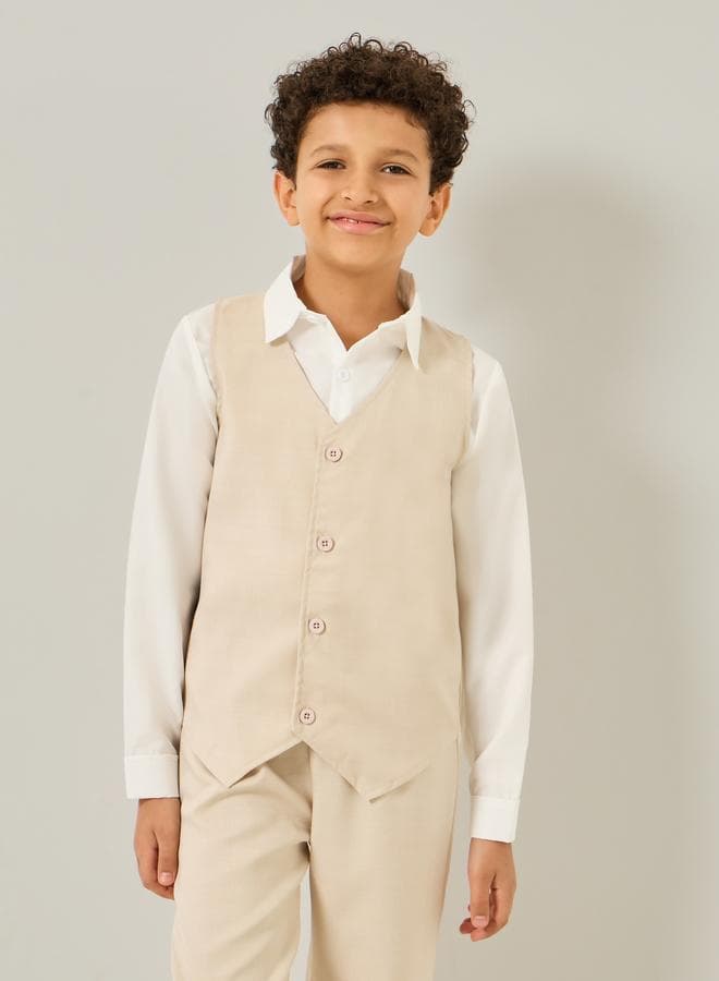 Boys Beige Waistcoat With Pants And Shirt With Bow Set