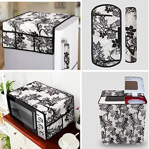E-Retailer® Exclusive 3-Layered Polyester Combo Set of Appliances Cover (1 Pc. Fridge Top Cover, 2 Pc. Handle Cover, 1 Pc. of Microwave Oven Top Cover and 1 Pc. Semi Automatic Washing Machine Cover) (Black, Design-Floral, Set Contains-3 Pcs.)