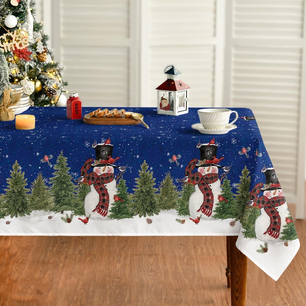 Horaldaily Christmas Tablecloth 60104 Inch Rectangular Winter Snowman Xmas Trees Blue Washable Table Cover for Party Picnic Dinner Decor