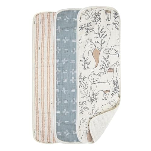 Crane Baby Muslin Burp Cloths Set, Woodland Animals, Gender Neutral Baby Gift, Absorbent Cotton Terry Backing, Machine Washable, 7" X 20"