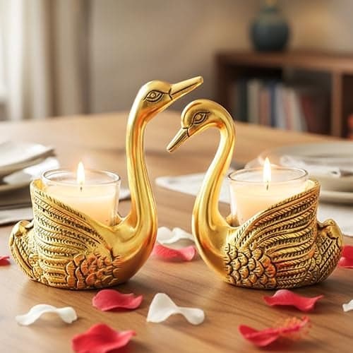 HindCraft Pair of Swan Candle Holder Showpiece – Golden Swans for Good Luck & Love | Decorative Candle Stand for Home Decor, Tabletop & Living Room | Wedding, Anniversary