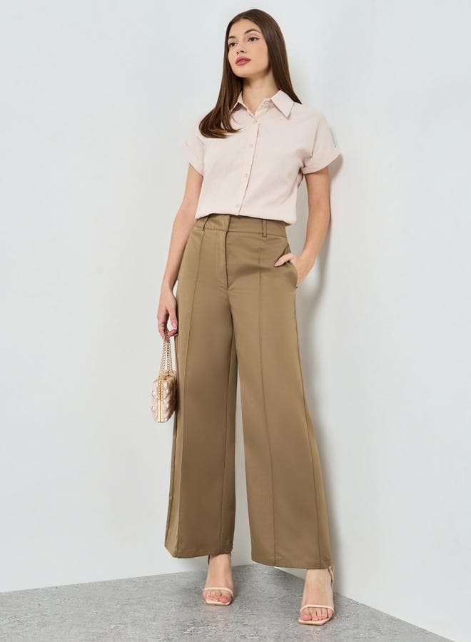Tan Solid Wide Leg Trousers
