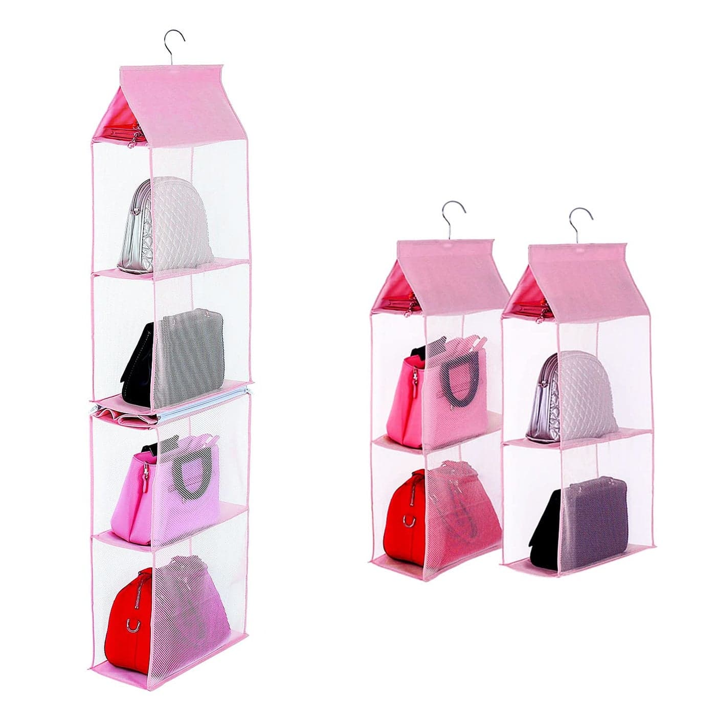 KEEPJOY Closet Purse Organizer Hanging Handbag Organizer with 4 HeavyDuty Mesh Shelves Closet Purse Storage Bag Pink