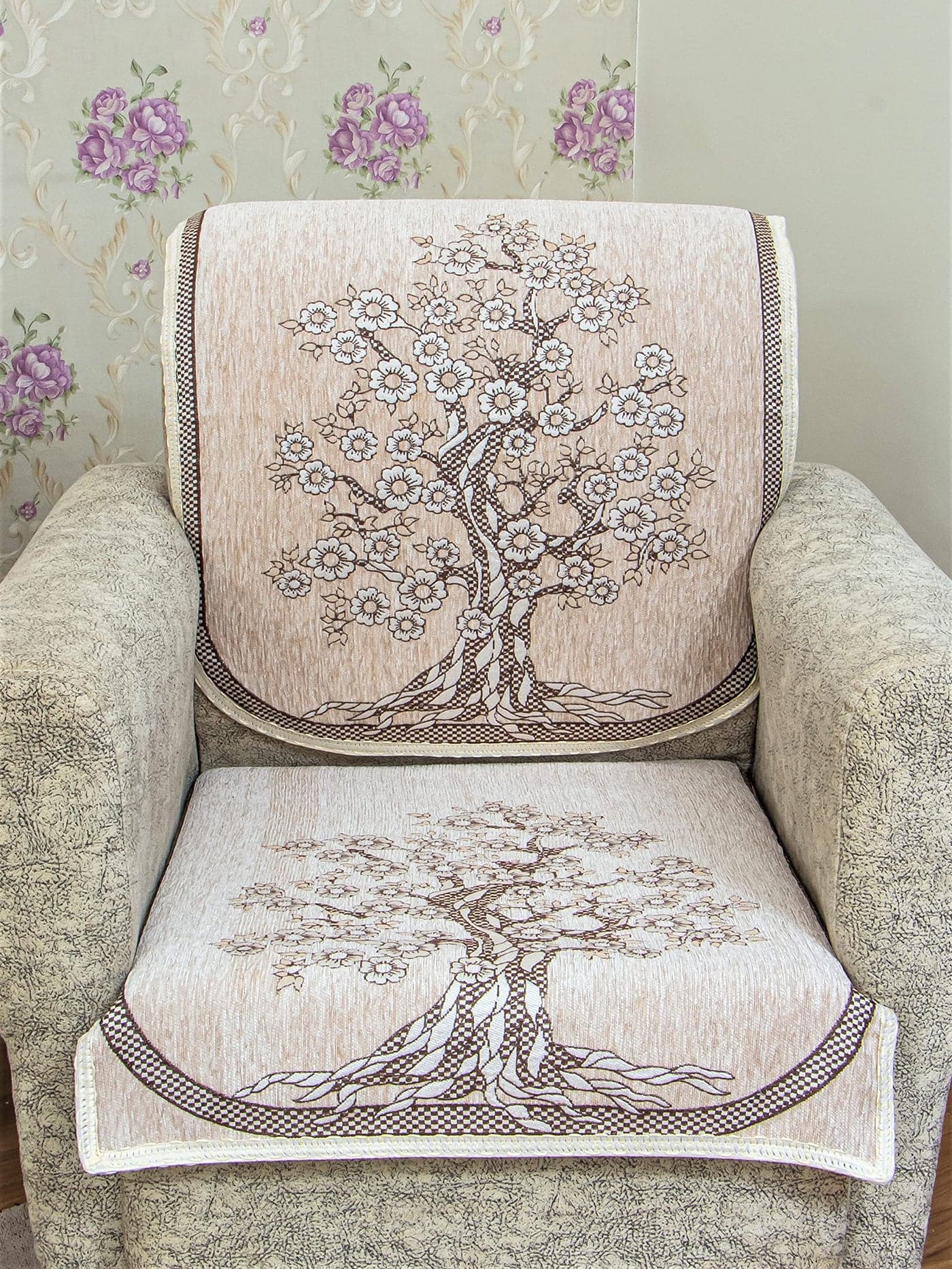 KREEVA Velvet Chenille Sofa Cover | for 5 Seater (3+1+1) Sofa | (Tohfa Ivory_2, 6 Piece Set) | Sofa Slipcovers