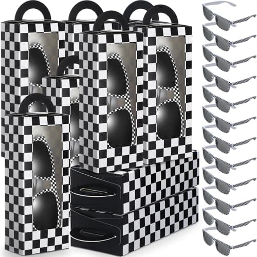 Tellegloww 32 Pcs Race Car Party Favors Set 16 Black and White Checkered Favor Boxes and 16 Checkered Sunglasses Gift Boxes for Race Car Party Birthday Decorations