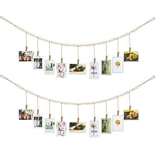 Wall Hanging Photo Display with Wooden Beads Garland 4 Feet Boho Collage Picture Frame DIY Picture Photo Frame Set with 9 Wood Clips for Rustic Country Home, Office Nursery Room Decoration(2 Pieces)