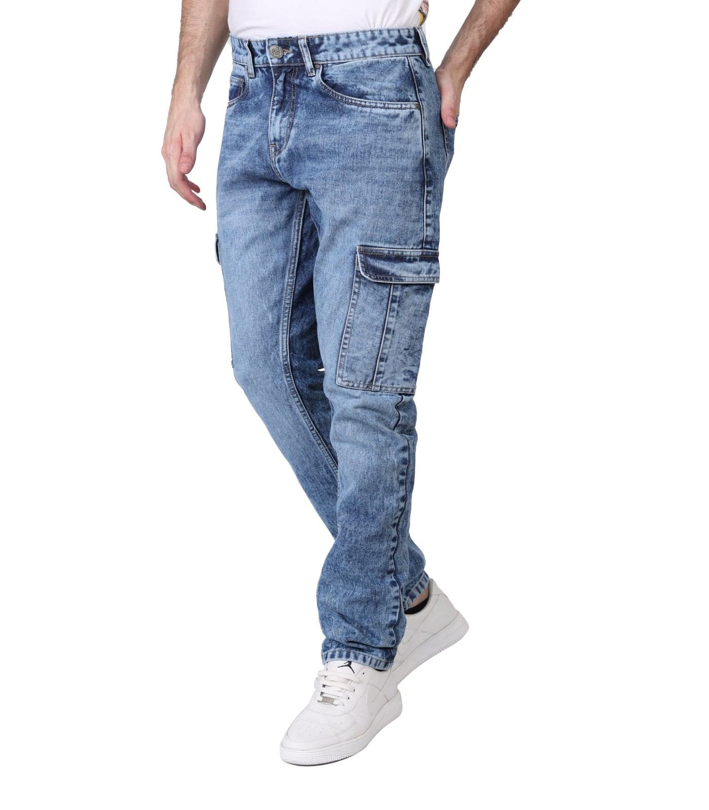 i'sol Men's Loose Baggy Fit Everyday Cargo Jeans with 6 Pockets Non-Mid Rise Stretchable Light Blue, 40
