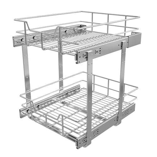 2 Tier Pull Out Cabinet Organizer 15" W X 17" D, Slide Out Drawers for Kitchen Cabinets, Pull Out Drawers for Cabinets Capacity Heavy Duty Caddy, Cabinet Pullout Shelves Chrome-Plated,Bathroom Pantry